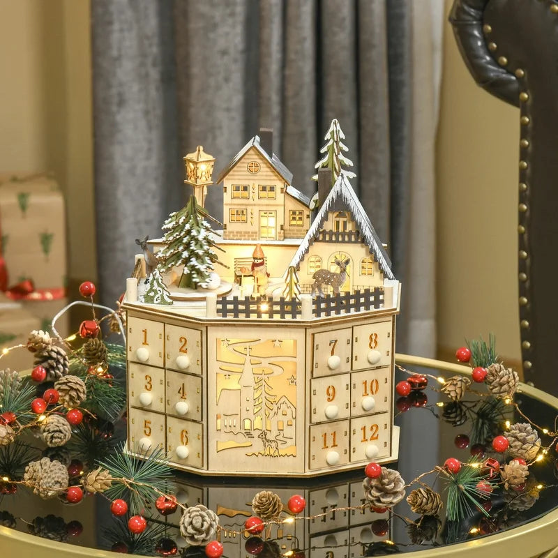 Christmas Retro Classic Style Christmas House Christmas Tree Wood Party Festival Calendar Ornaments Decorations Table Decoration