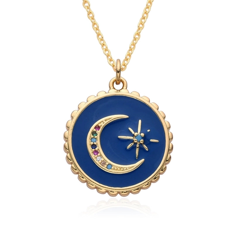 Copper Inlay Star Moon Zircon Pendant Necklace