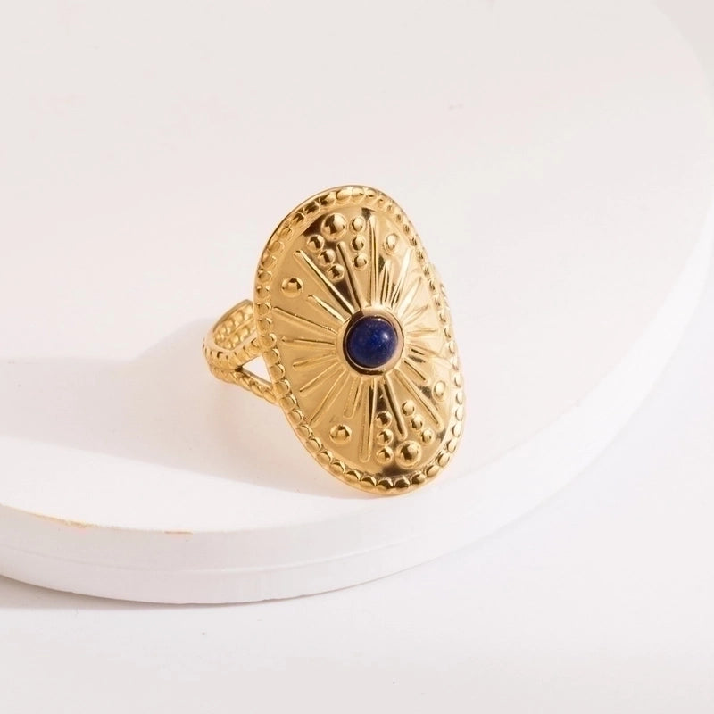 2 Pieces Vintage Style Minimalist Oval 304 Stainless Steel Natural Stone 14K Gold Plated Inlay Open Rings