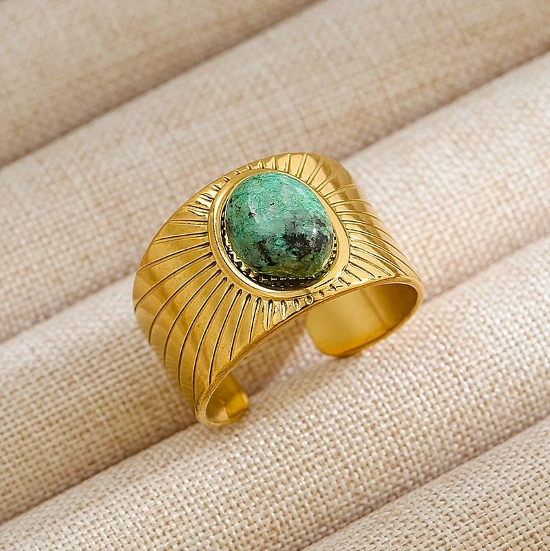 Rock Oversized Leaves Eye Flower 304 Stainless Steel Gem 18K Gold Plated Inlay Open Rings