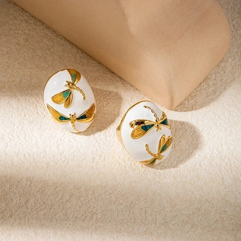 IG Style Casual Oval Dragonfly 304 Stainless Steel 14K Gold Plated Enamel Rings