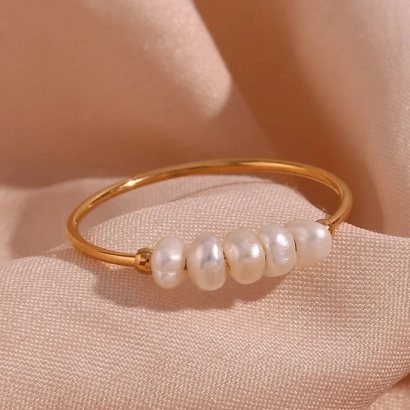 304 Stainless Steel Freshwater Pearl 18K Gold Plated Minimalist Beaded Plating Solid Color Rings