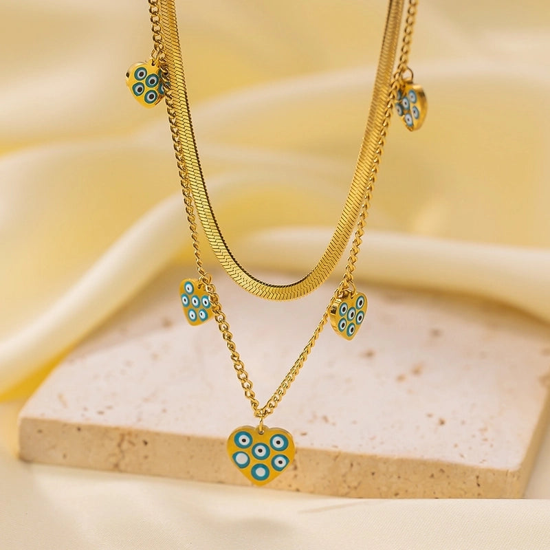 Minimalist Geometric Heart Shape Titanium Steel Shell Zircon 18K Gold Plated Inlay Layered Necklaces Necklace