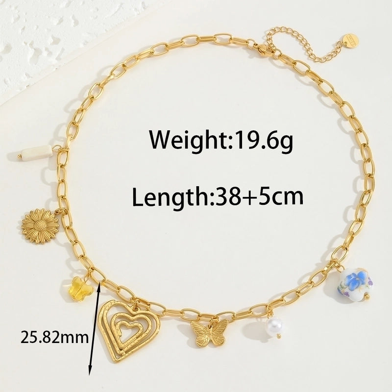 Elegant Vacation Heart Shape 304 Stainless Steel Imitation Pearl 18K Gold Plated Inlay Multi Charms Necklace