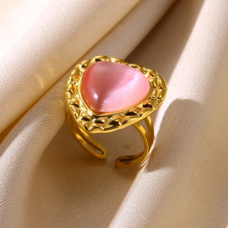 Elegant French Style Sweet Heart Shape 304 Stainless Steel Synthetic Gemstones Open Rings