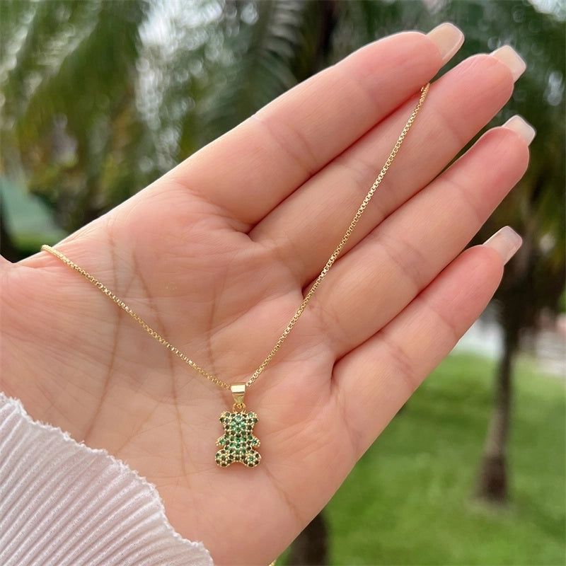 A Copper Plating 18K Gold Full Diamond Zircon Cute Childlike Style Multi Colors Bear Chain Necklace Suitable For Daily Wear Of All Ages Suitable For Gifts Original New Arrivals