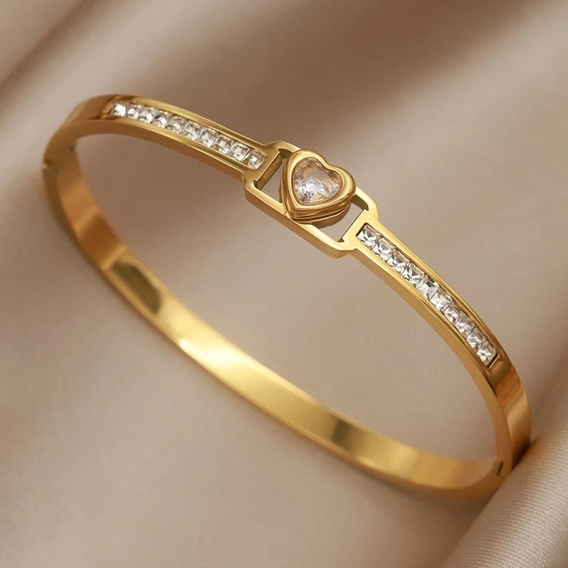 Elegant French Style Square Heart Shape Titanium Steel 18K Gold Plated Zircon Bangle In Bulk