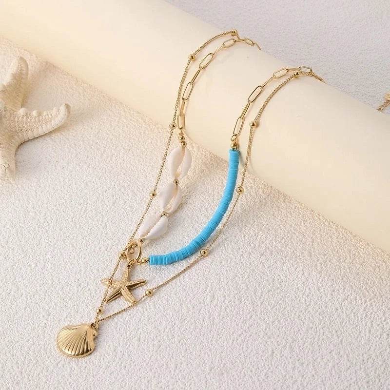 Beach Scallop Starfish Shell 304 Stainless Steel Double Layer Necklaces