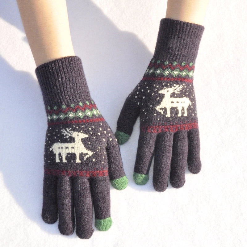 Adults Winter Warm Plus Velvet Padded Knitted Gloves Elk Christmas Tree Jacquard Touch Screen Gloves