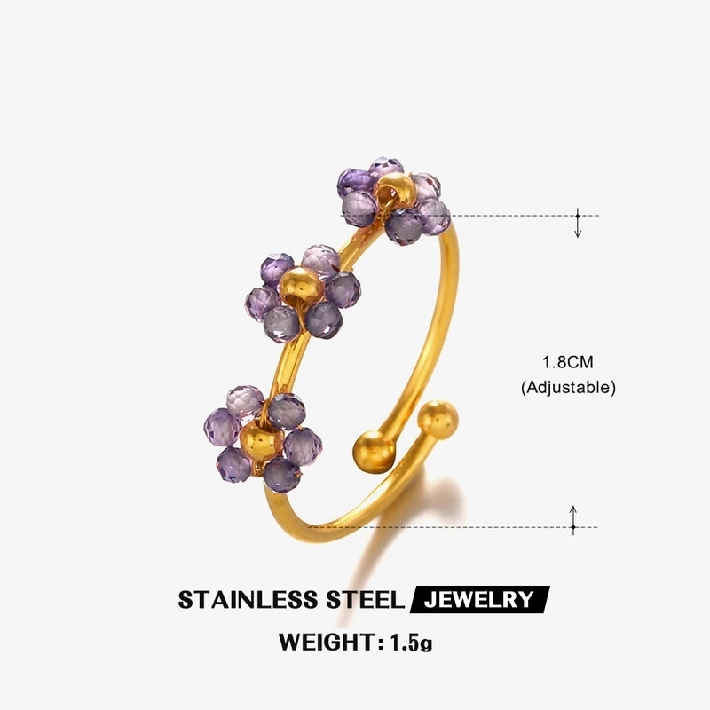 IG Style Sweet Flower 304 Stainless Steel 18K Gold Plated Beaded Knitting Open Rings