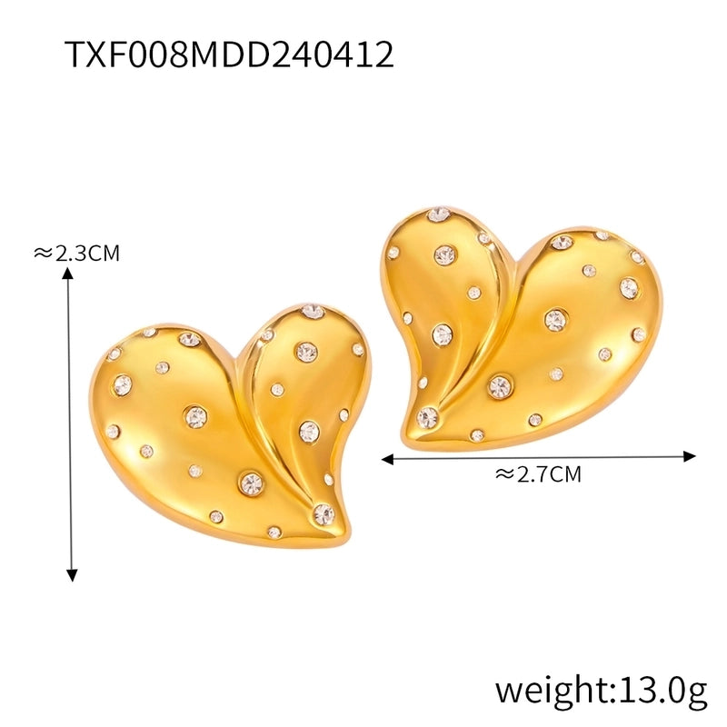 304 Stainless Steel 18K Gold Plated Elegant Minimalist Plating Inlay Heart Shape Rhinestones Earrings Necklace