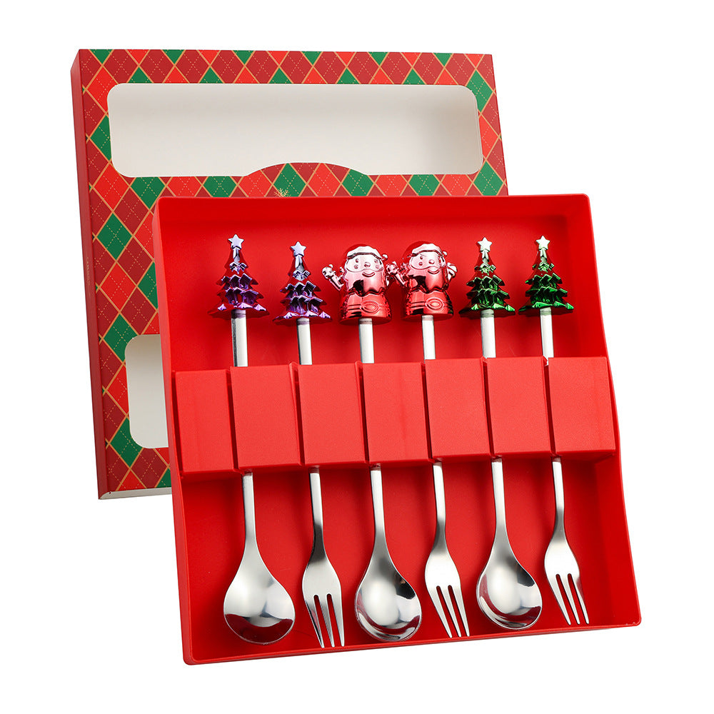 J Christmas Spoon Set Cartoon Colorful Santa Claus Christmas Tree Spoon Fork Coffee Dessert Spoon Gift Box