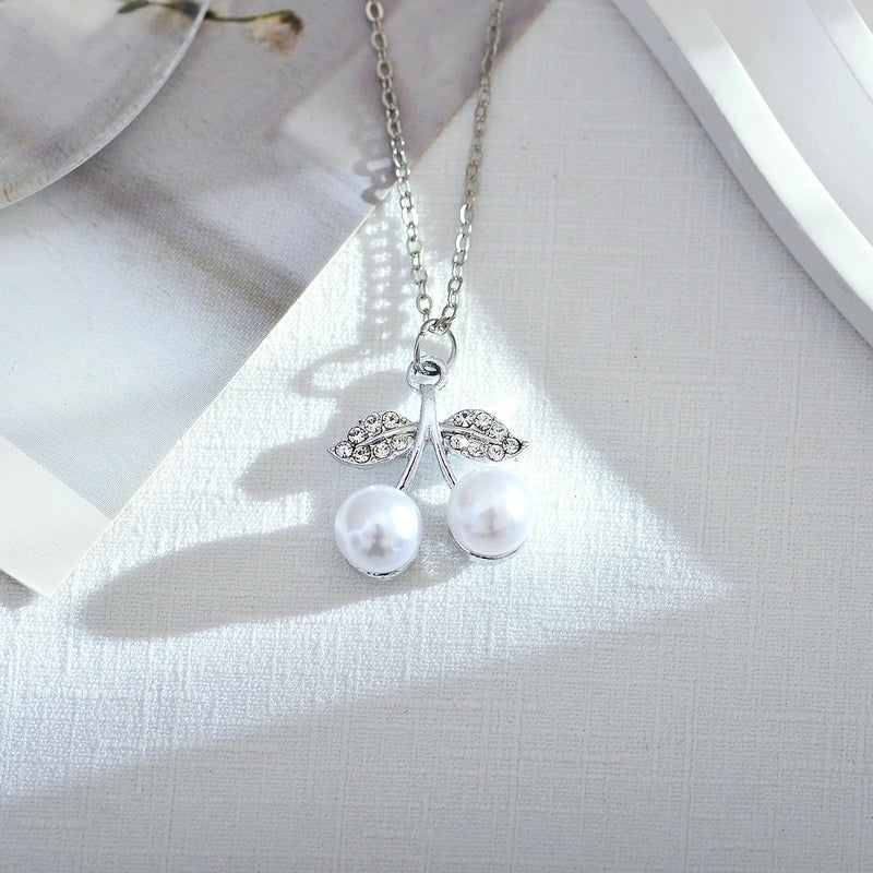 Korean Style Cherry Titanium Steel Artificial Pearls Zircon Gold Plated Plating Inlay Pendant Necklace