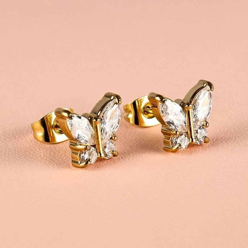 1 Pair Minimalist Classic Style Heart Shape Butterfly Deer Polishing Inlay 304 Stainless Steel Zircon 18K Gold Plated Ear Studs