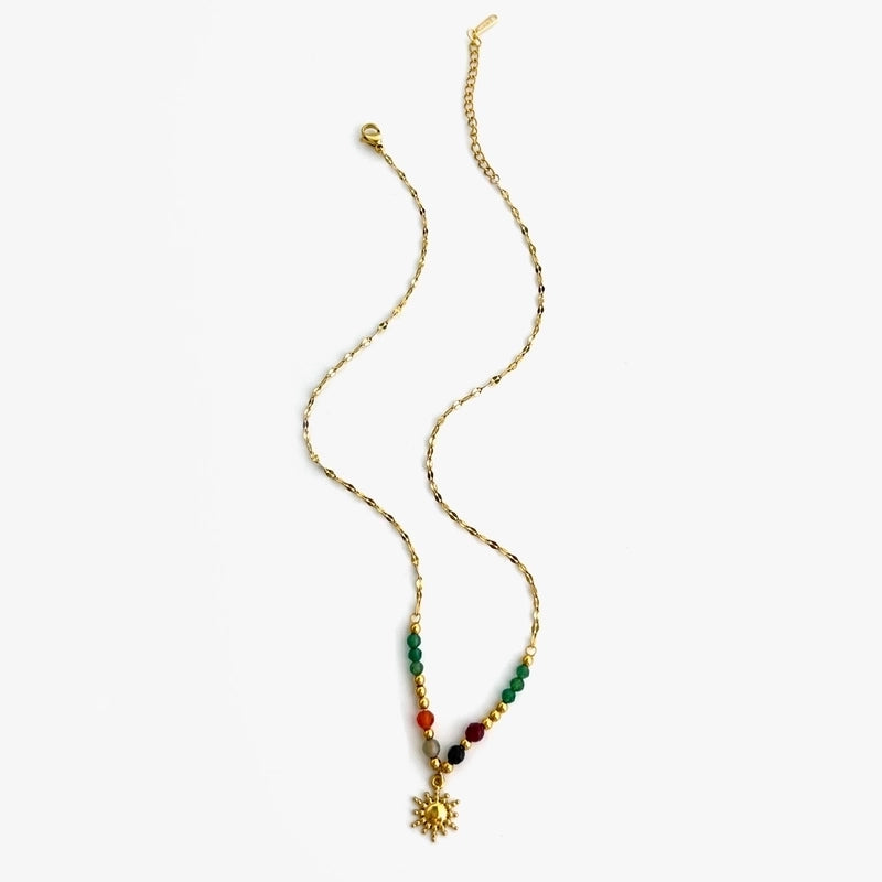 Elegant Retro French Style SUNFLOWER (Jz001) Pearl 316L Stainless Steel Imitation Pearl Natural Stone 18K Gold Plated Beaded Inlay Pendant Necklace