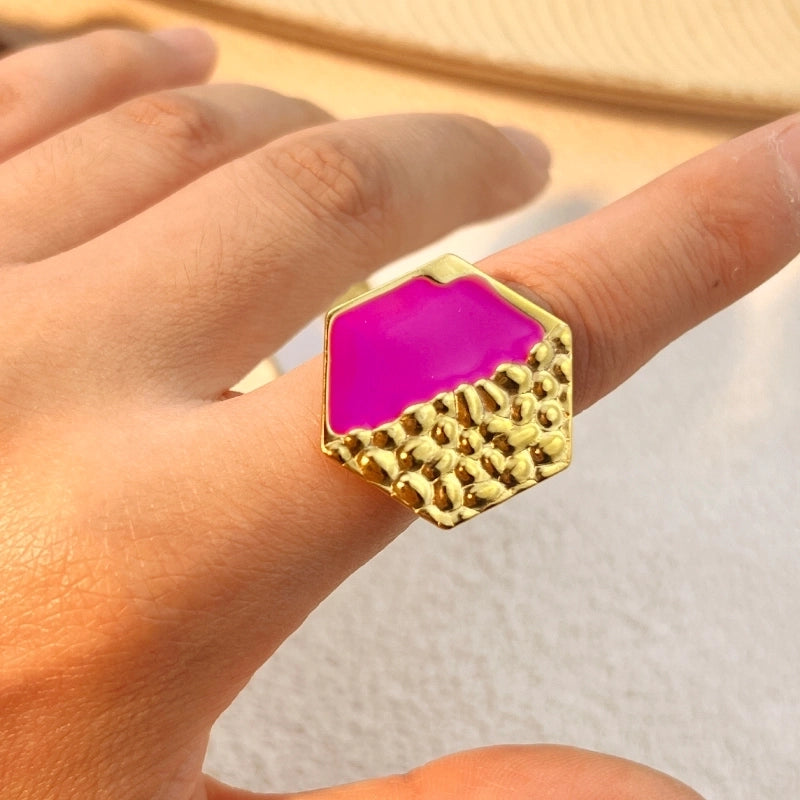 Casual Retro Hexagon 304 Stainless Steel 18K Gold Plated Enamel Open Rings