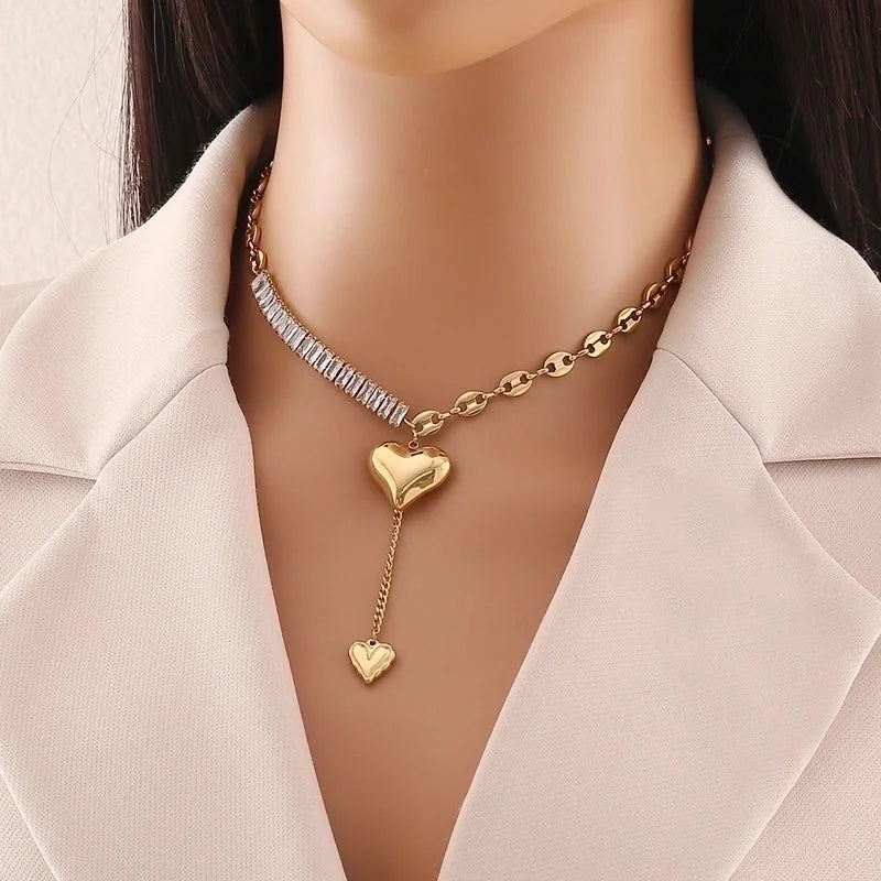 Elegant Minimalist Heart Shape 304 Stainless Steel Zircon 18K Gold Plated Plating Inlay Pendant Necklace