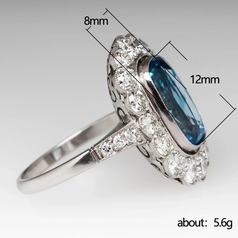 Fashion Copper Inlaid With Sea Blue Zircon Women's Oval Large Ring