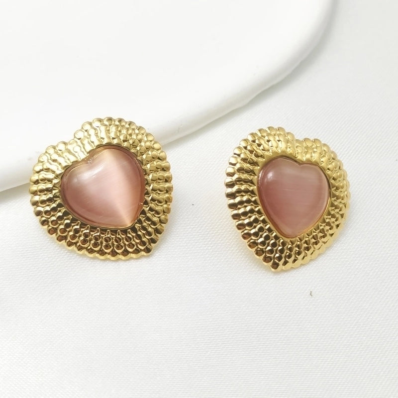 1 Pair Elegant Retro Commute Heart Shape Inlay 304 Stainless Steel Artificial Gemstones Ear Studs