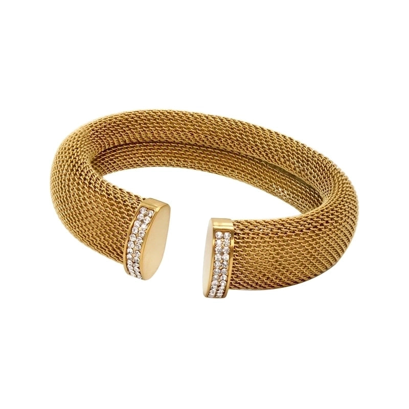 Retro Classic Style C Shape 304 Stainless Steel 18K Gold Plated Rhinestones Bangle In Bulk