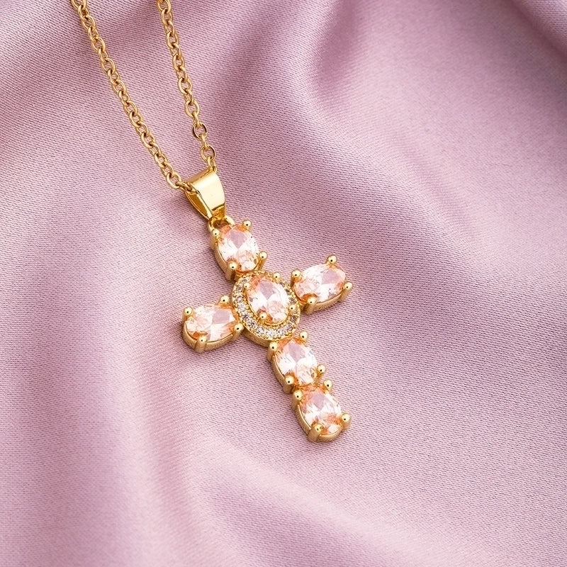 Fashion Cross Copper 18k Gold Plated Zircon Pendant Necklace In Bulk