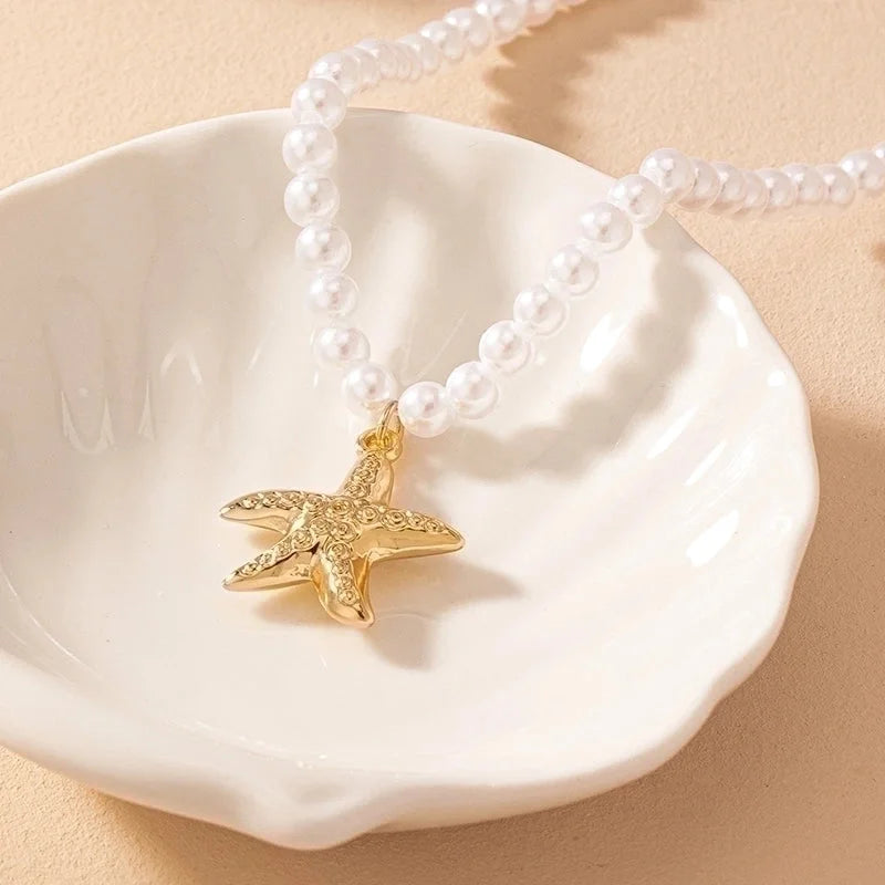 Fairy Style Starfish Artificial Pearl Women's Pendant Necklace