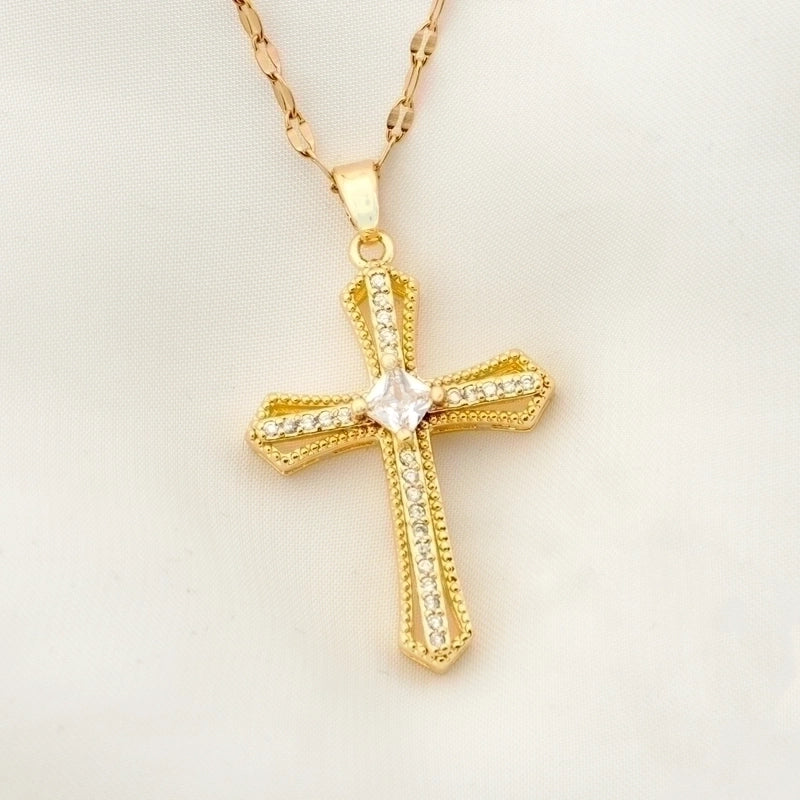 Stainless Steel 18K Gold Plated Vintage Style Plating Inlay Geometric Cross Rhinestones Pearl Zircon Pendant Necklace