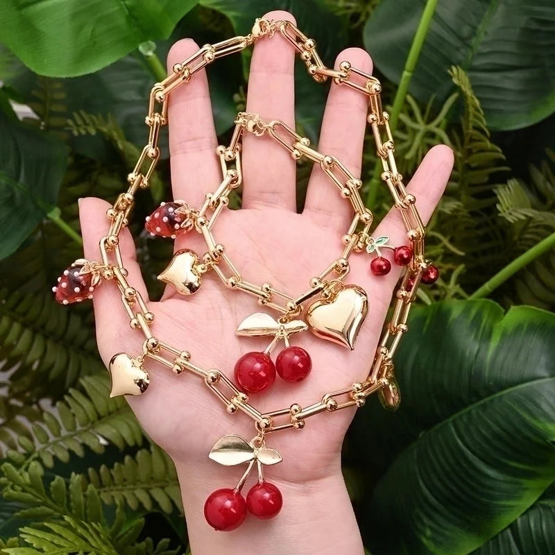 Vintage Style Modern Style IG Style Cherry Fruit Heart Shape Alloy Copper 18K Gold Plated Polishing Enamel Bracelets Necklace Jewelry Set