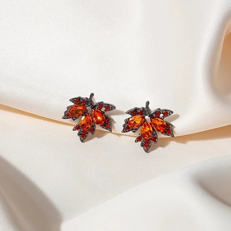 Silver Needle Autumn And Winter Micro-inlaid Full Diamond Red Zircon Red Maple Leaf Earrings Retro Artistic Temperament Girl's Ear Jewelry