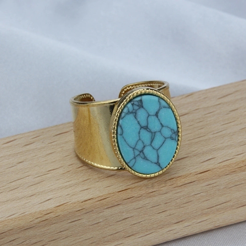 Minimalist Geometric 304 Stainless Steel Natural Stone 18K Gold Plated Hollow Out Open Ring