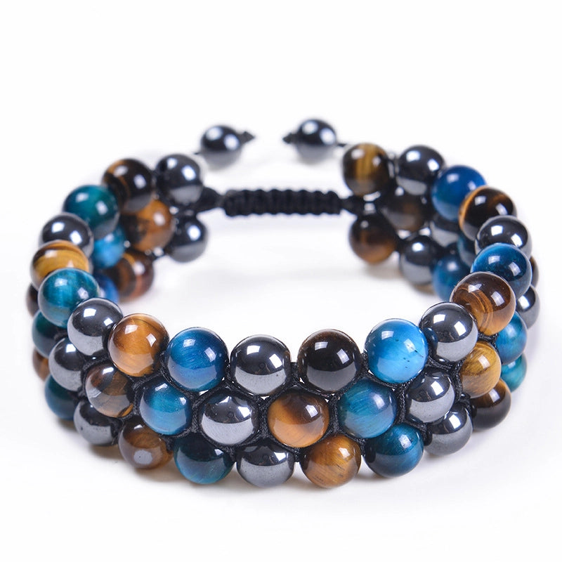 Fashion Bracelet Natural Blue Tiger Eye Handmade Woven Evil Eye Bracelet Men's Three-layer Bracelet