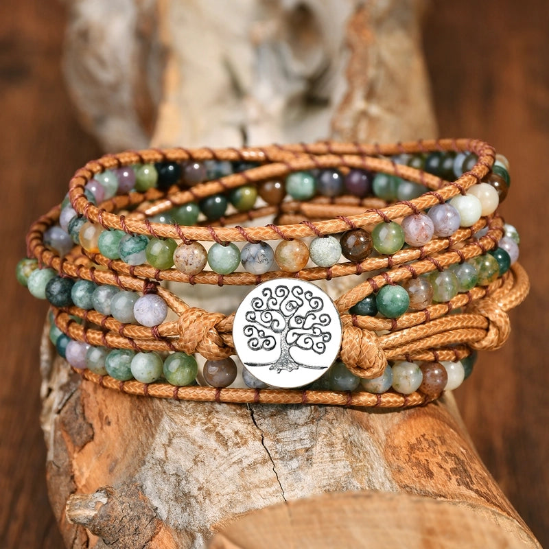 Vintage Style Handmade Ethnic Style Life Tree Alloy Natural Stone Leather Rope Bracelets