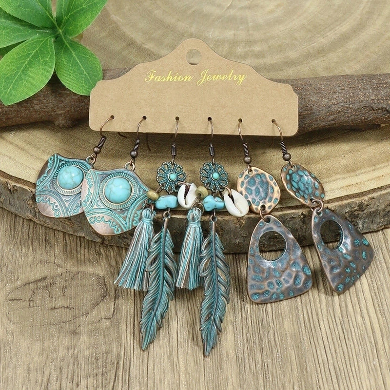 Hot 3-piece Vintage Red Earrings Set Geometric Turquoise Tassel Bohemian Minority Earrings