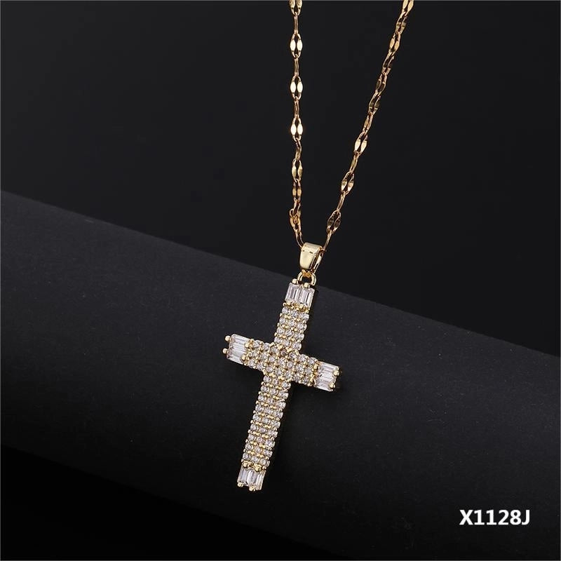 Copper Inlay Cross Zircon Pendant Necklace