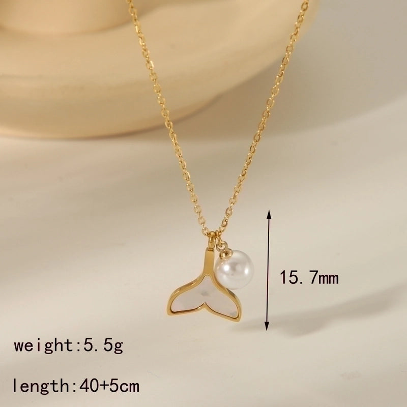 304 Stainless Steel Copper 18K Gold Plated Beach Minimalist Inlay Starfish Shell Fish Tail Artificial Pearls Zircon Pendant Necklace