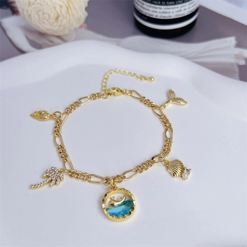 Copper 18K Gold Plated Inlay Coconut Tree Conch Dolphin Zircon Bracelets