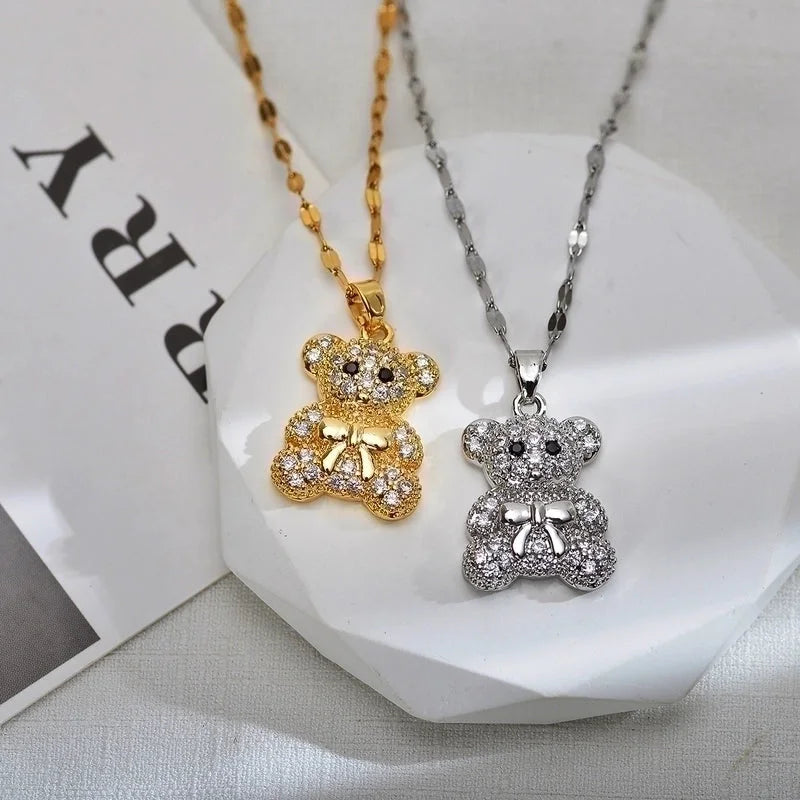 Cute Little Bear Titanium Steel Copper Zircon Gold Plated Inlay Pendant Necklace