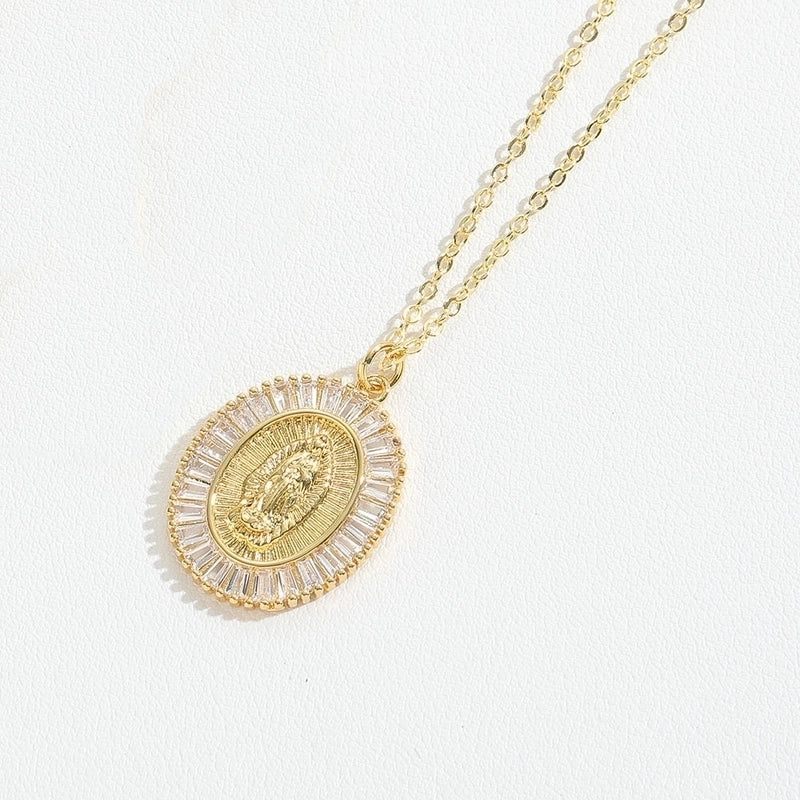 Vintage Style Minimalist Commute Round Copper Inlay 14K Gold Plated Zircon Pendant Necklace