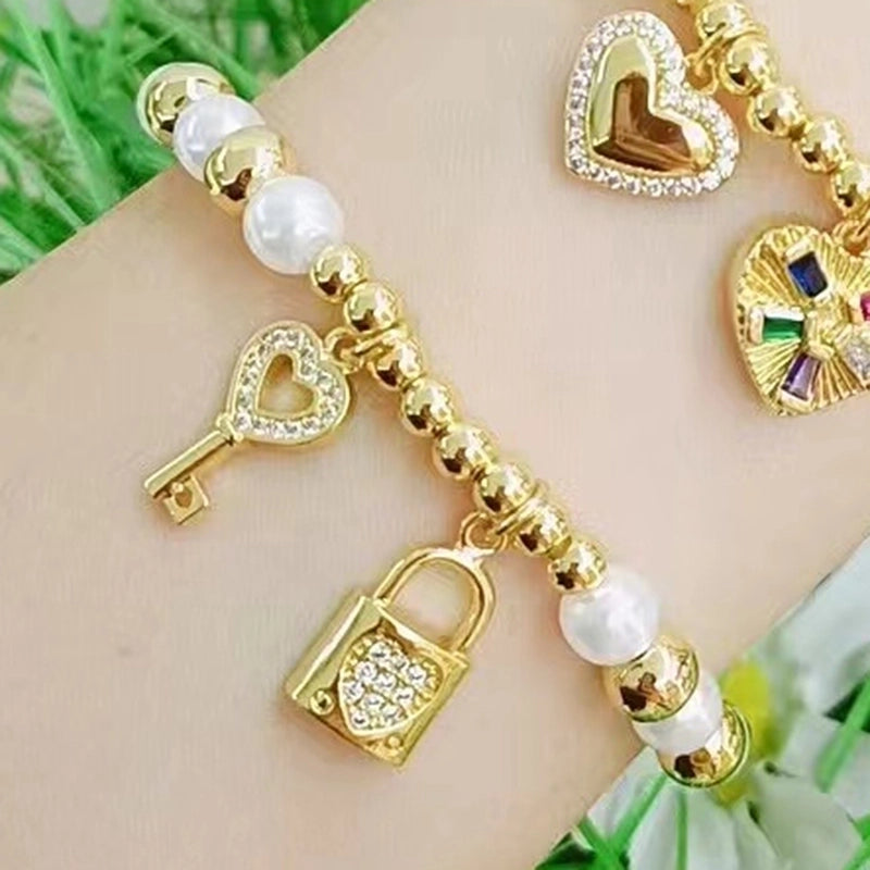 Casual Vacation Minimalist Heart Shape Key Lock Copper Zircon 18K Gold Plated Beaded Plating Inlay Bracelets