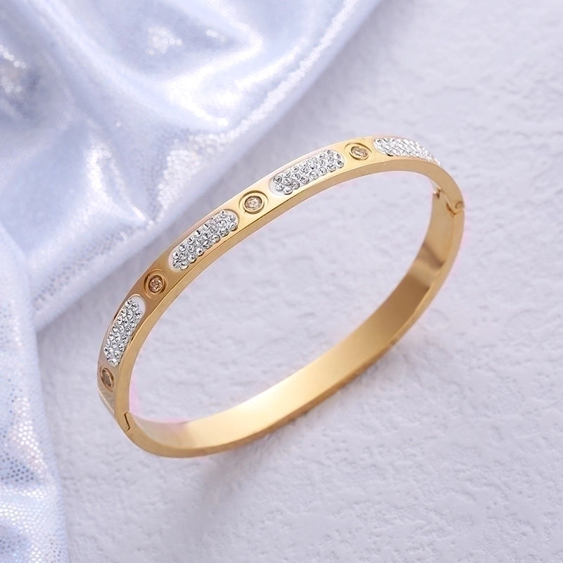 Lady Solid Color Stainless Steel 18k Gold Plated Zircon Bangle