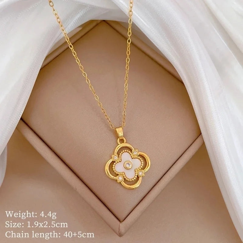 Titanium Steel Copper Gold Plated Inlay Four Leaf Clover Shell Zircon Pendant Necklace