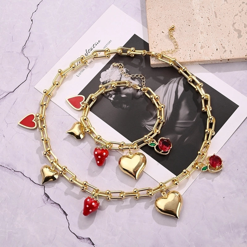 IG Style Cherry Heart Shape Strawberry Copper Zircon 18K Gold Plated Polishing Enamel Plating Bracelets Necklace Jewelry Set