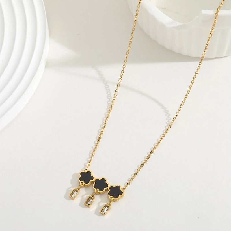 Elegant Cute Minimalist Flower 304 Stainless Steel Acrylic Zircon 18K Gold Plated Inlay Pendant Necklace