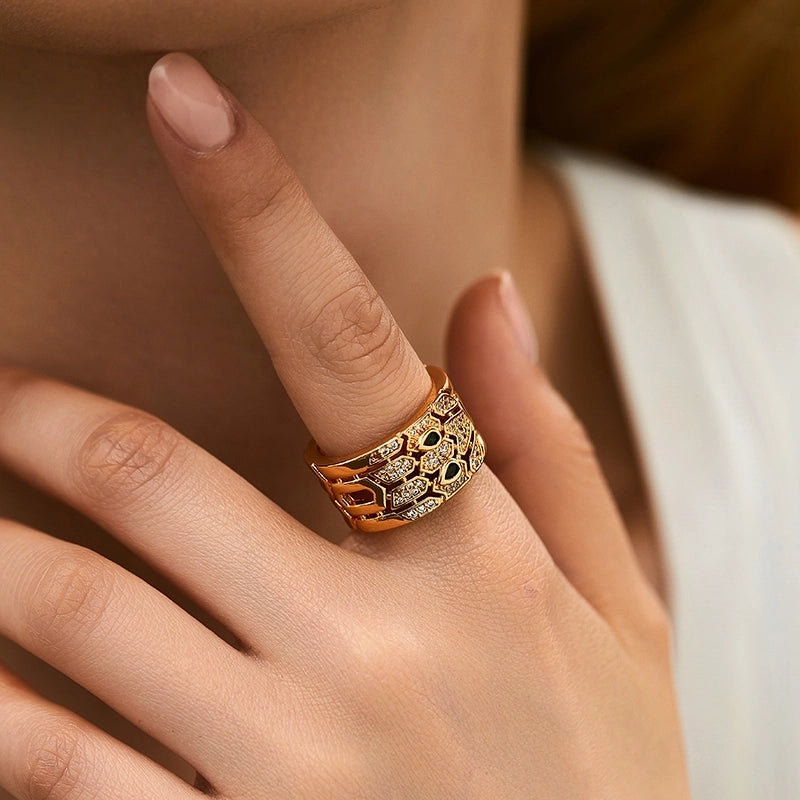 Copper 18K Gold Plated Inlay Semicircle Round Petal Zircon Open Rings