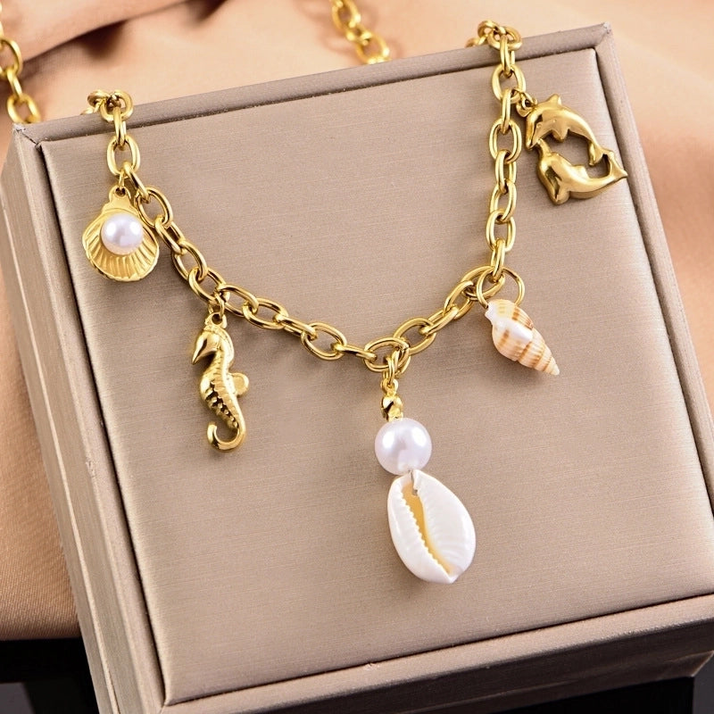 Casual Marine Style Starfish Conch Dolphin Titanium Steel Zircon Pearl Plating Inlay Multi Charms Necklace