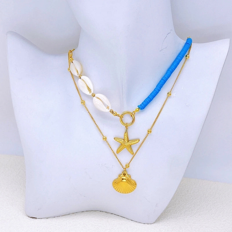 Vacation Starfish Conch Shell Titanium Steel Pendant Necklace