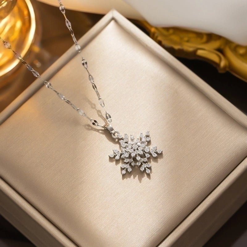Minimalist Snowflake Stainless Steel Zircon Plating Inlay Pendant Necklace