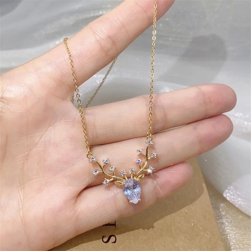 Casual Minimalist Elk Titanium Steel Zircon Plating Inlay Necklace
