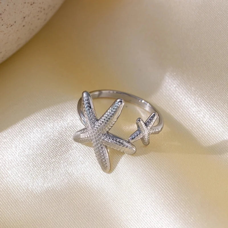 Vacation Beach Starfish 304 Stainless Steel 18K Gold Plated Polishing Plating Open Rings