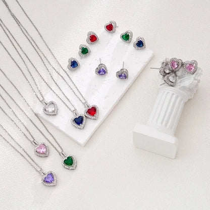 Glam Heart Shape 304 Stainless Steel Copper Zircon Inlay Earrings Necklace
